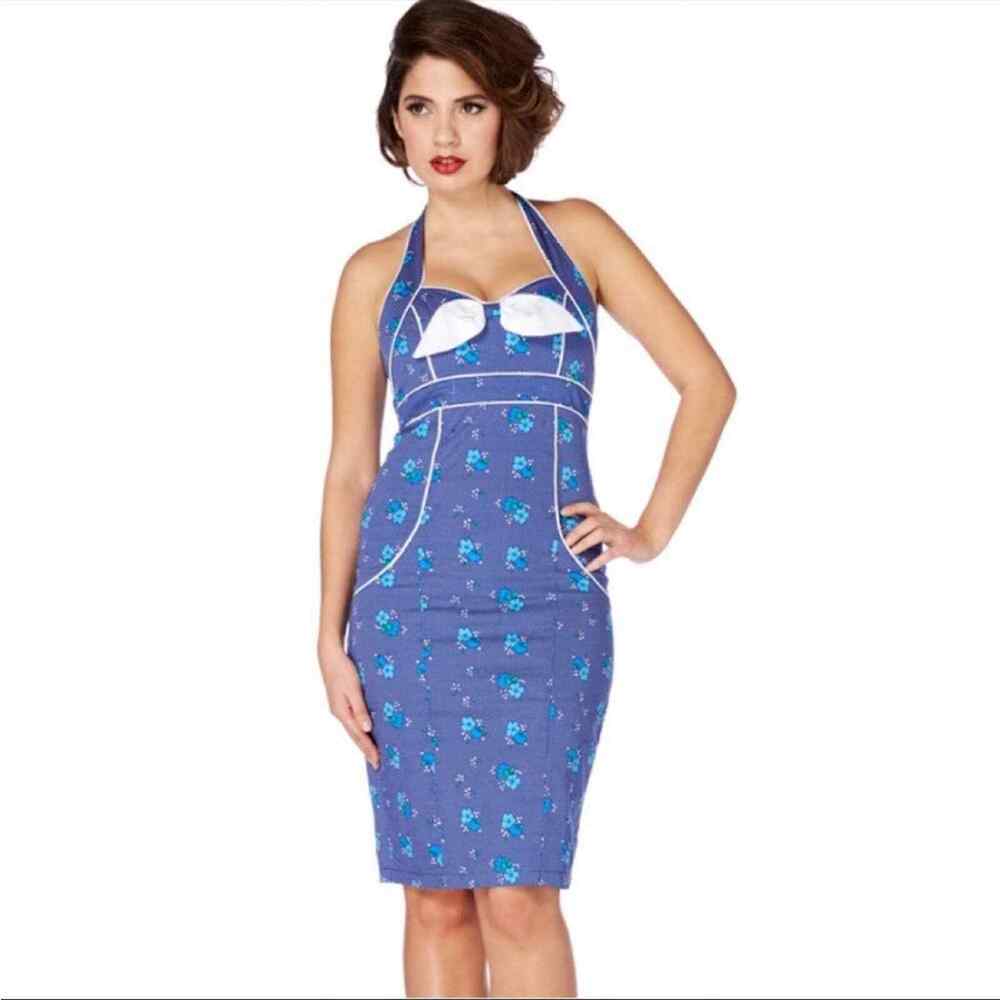 VooDoo Vixen Marcia Blue Floral Pencil Dress Retro Halter XS/S Pinup Rockabilly - Picture 9 of 9